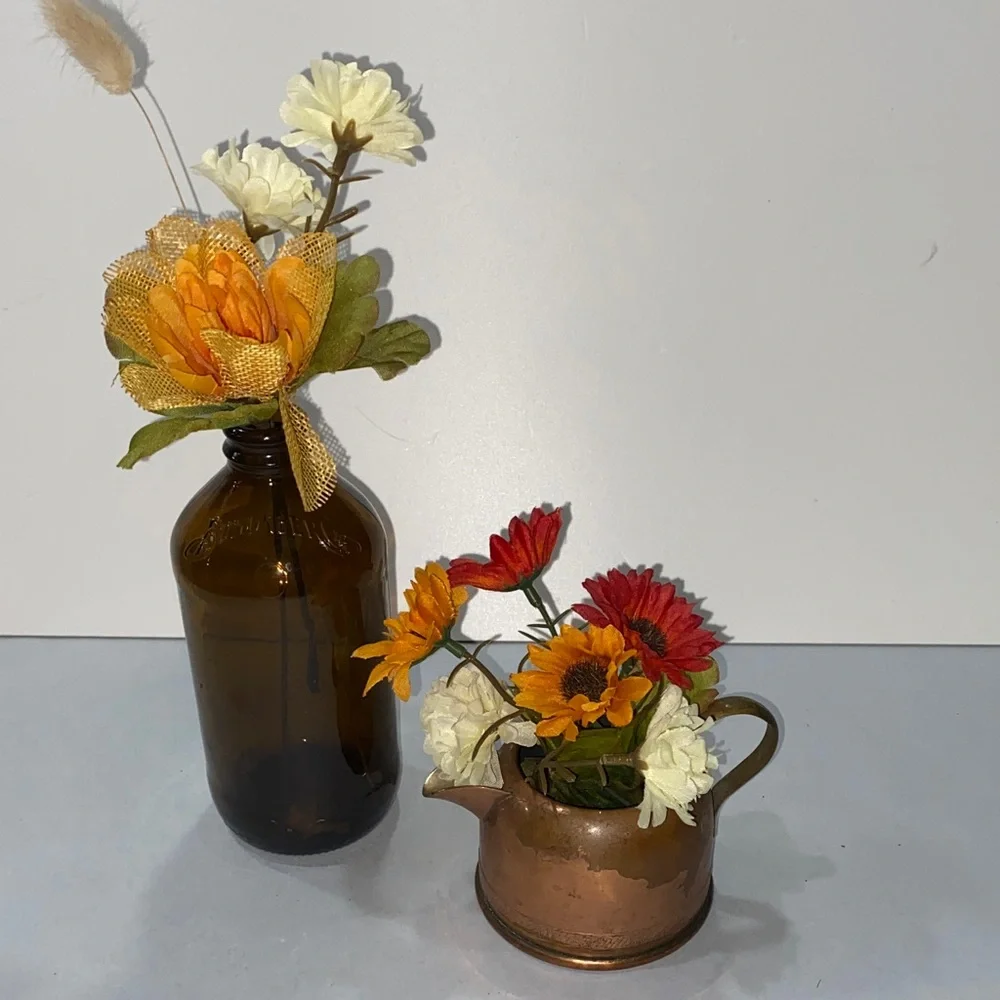 Rustic cottagecore fall dried Floral Arrangement Set copper pot amber glass